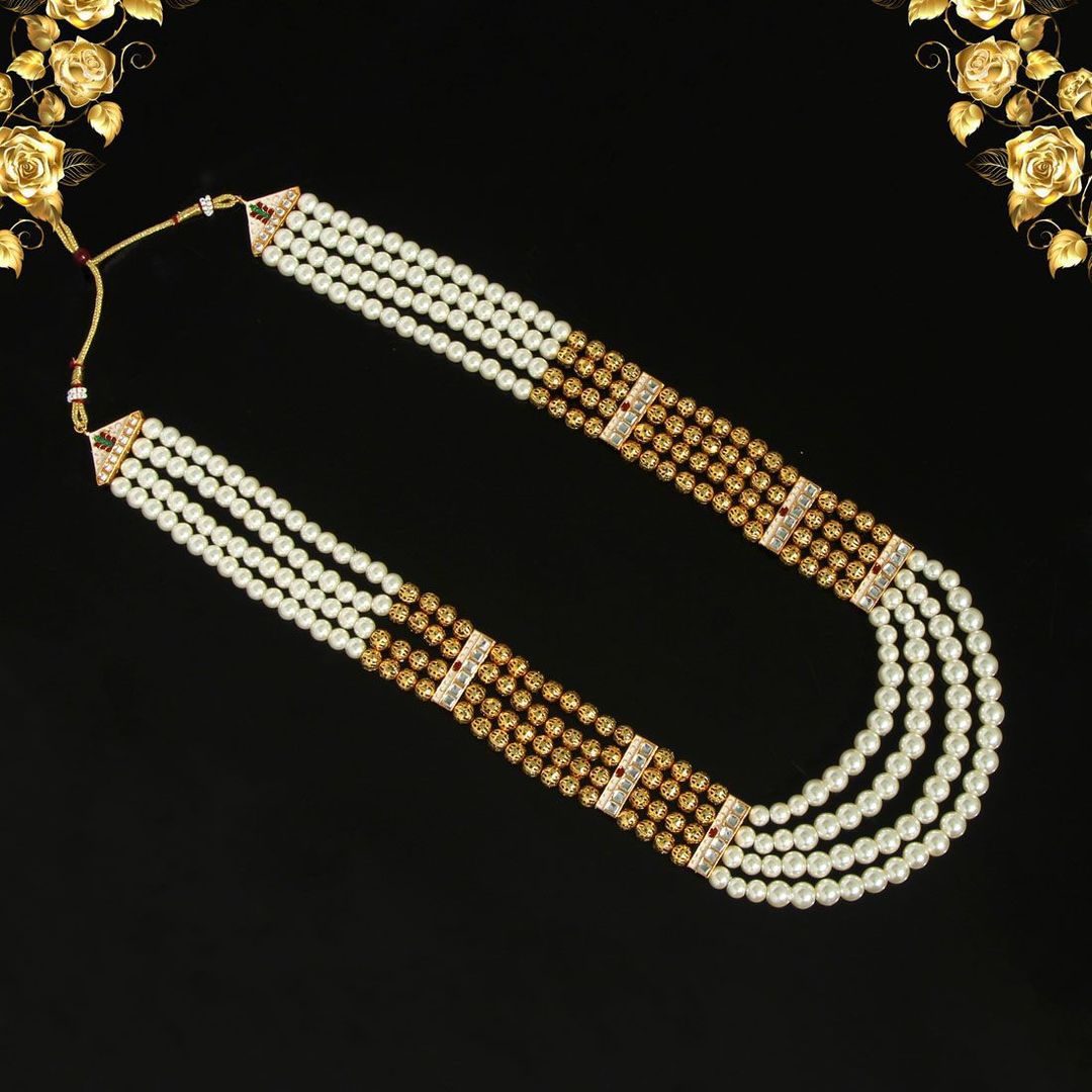 Kundan Halskette lang - gold | weiß | Perlen - Lange