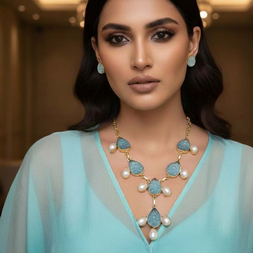 Kundan Halskette ( Amrapali ) mit Ohrringe  - Blau