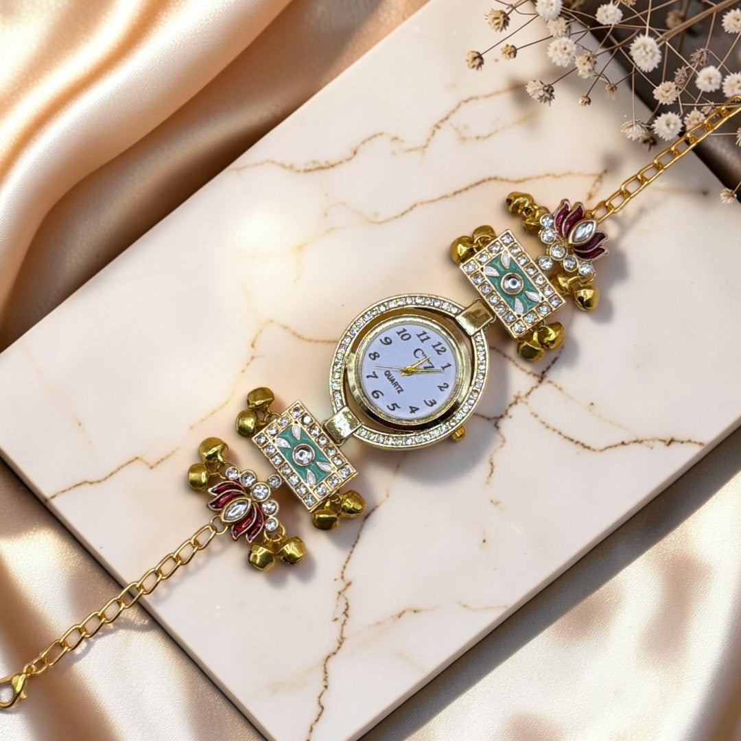 Kundan-Armbanduhr für Damen – Elegante indische Schmuckuhr im Ethno-Design
