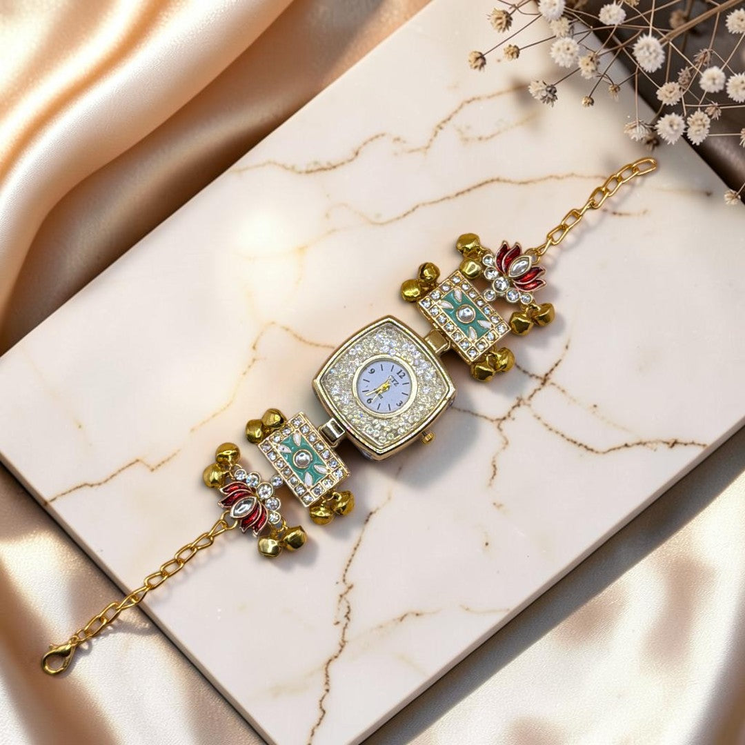 Kundan-Armbanduhr für Damen – Elegante indische Schmuckuhr im Ethno-Design