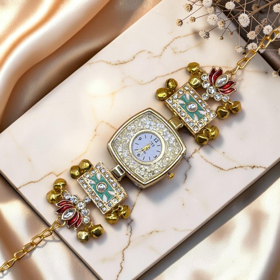 Kundan-Armbanduhr für Damen – Elegante indische Schmuckuhr im Ethno-Design