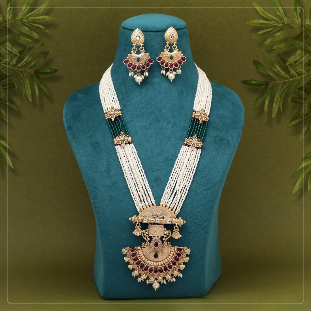 Kundan Kette lang mit Ohrringe - Weiß| Perlen - Lange