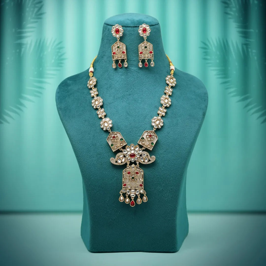 Kundan Halskette mit Ohrringe - gold | weiß