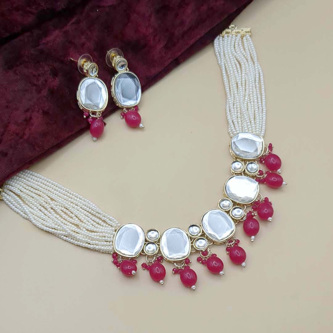 Kundan Choker Halskette mit Ohrringe -  rosa | weiß