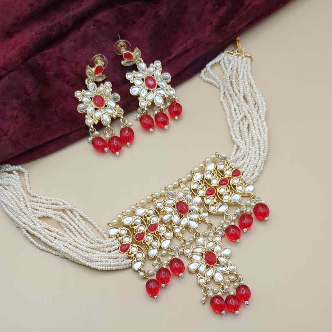 Kundan Choker Halskette mit Ohrringe - weiß | rot