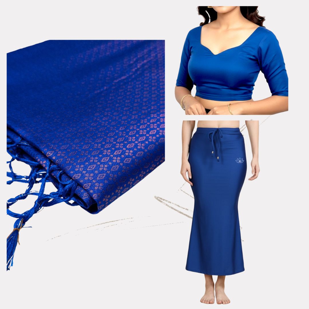 Alles-in-einem Saree Set | Blau– Soft Silk Saree + Blouse + Shapewear