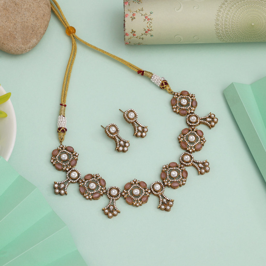 Kundan Necklace with Earrings &amp; Tikka - gold | Red