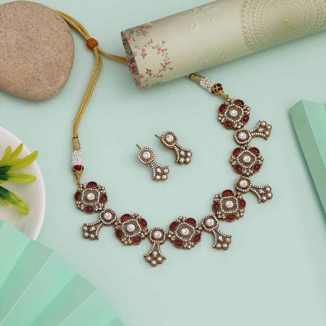 Kundan Necklace with Earrings &amp; Tikka - gold | Red