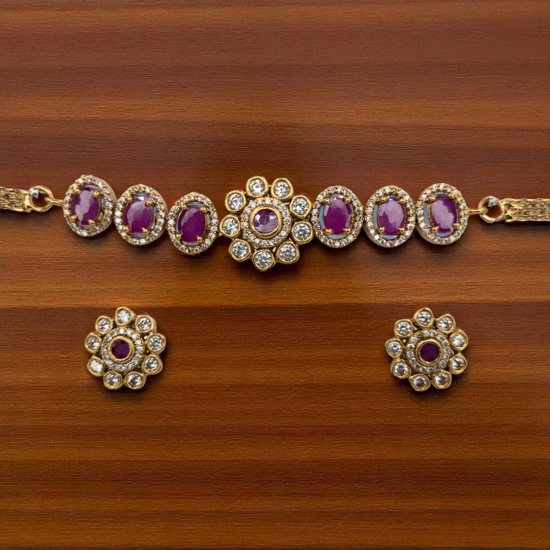 Trendy - Choker Halskette mit Ohrringe - Gold | magenta