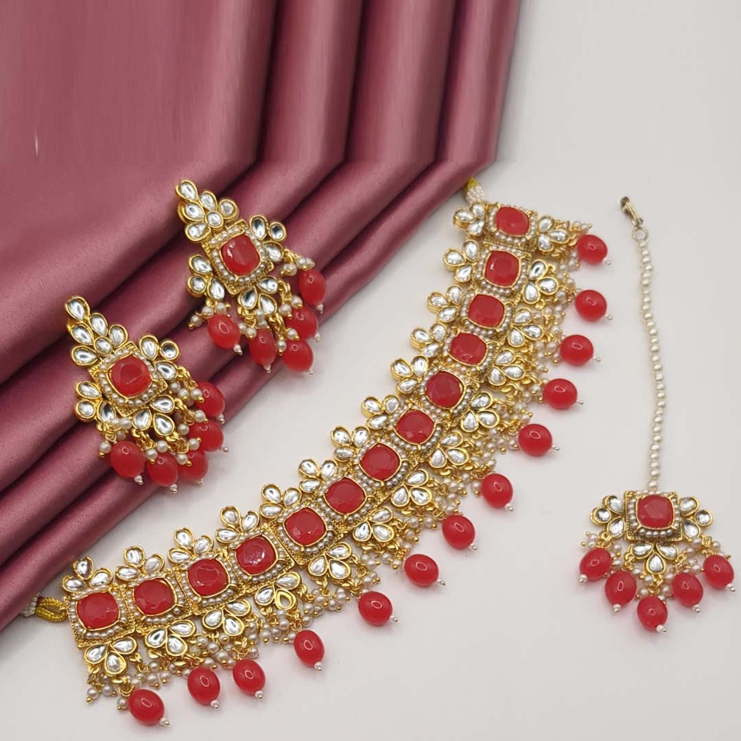 Gold Choker Halskette Rot| mit Ohrringe & Tikka