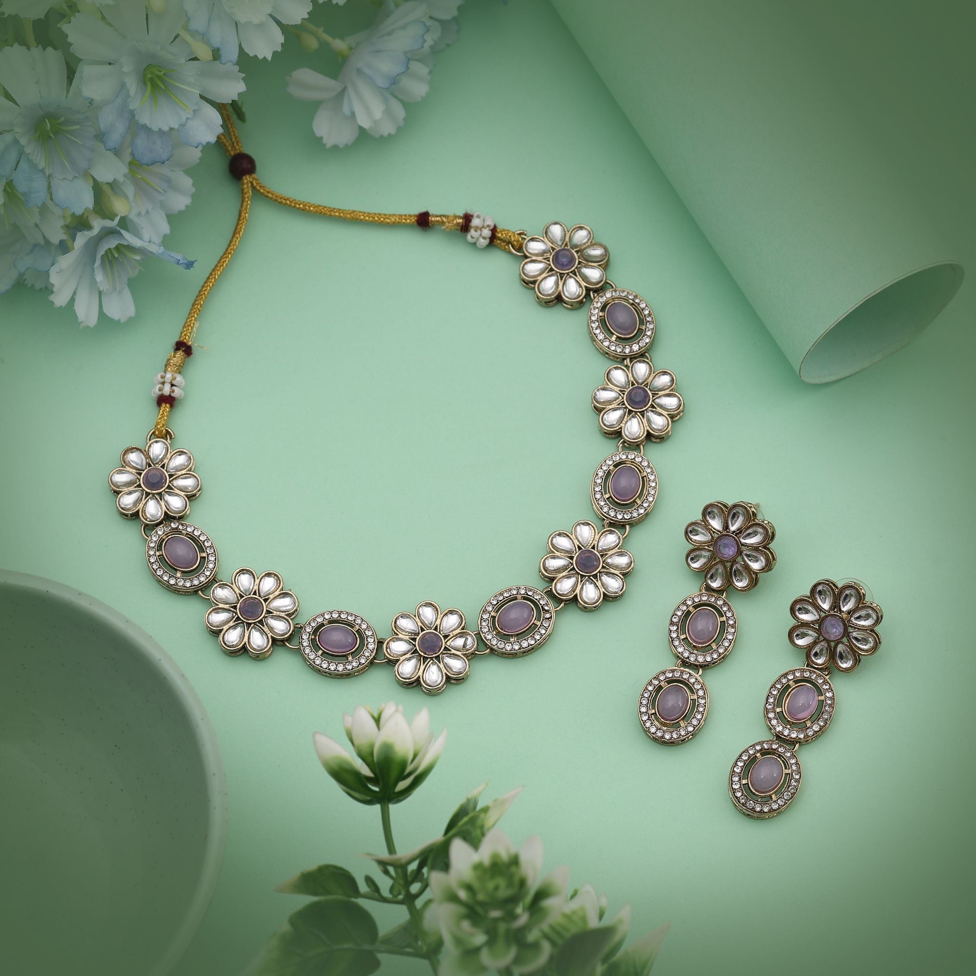 Kundan Halskette mit Ohrringe  - gold | Lila