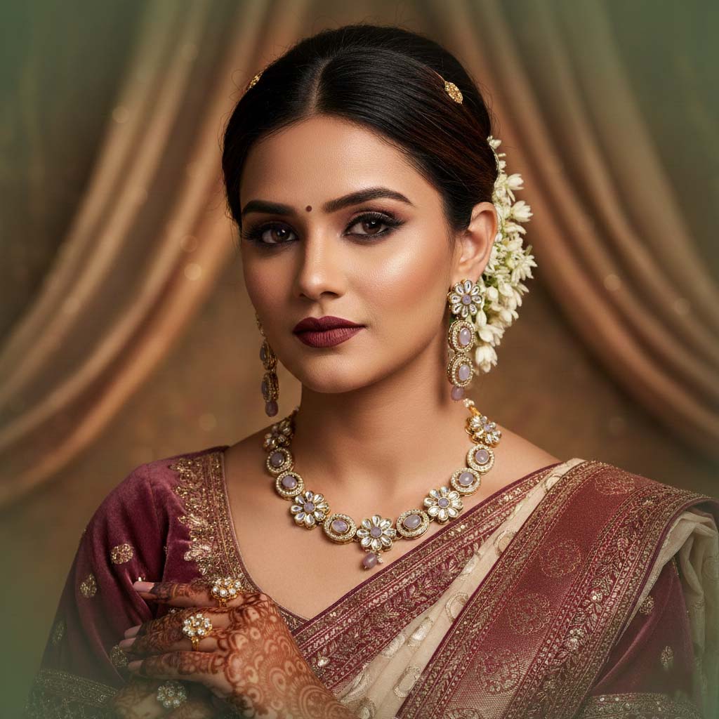 Kundan Halskette mit Ohrringe  - gold | Lila