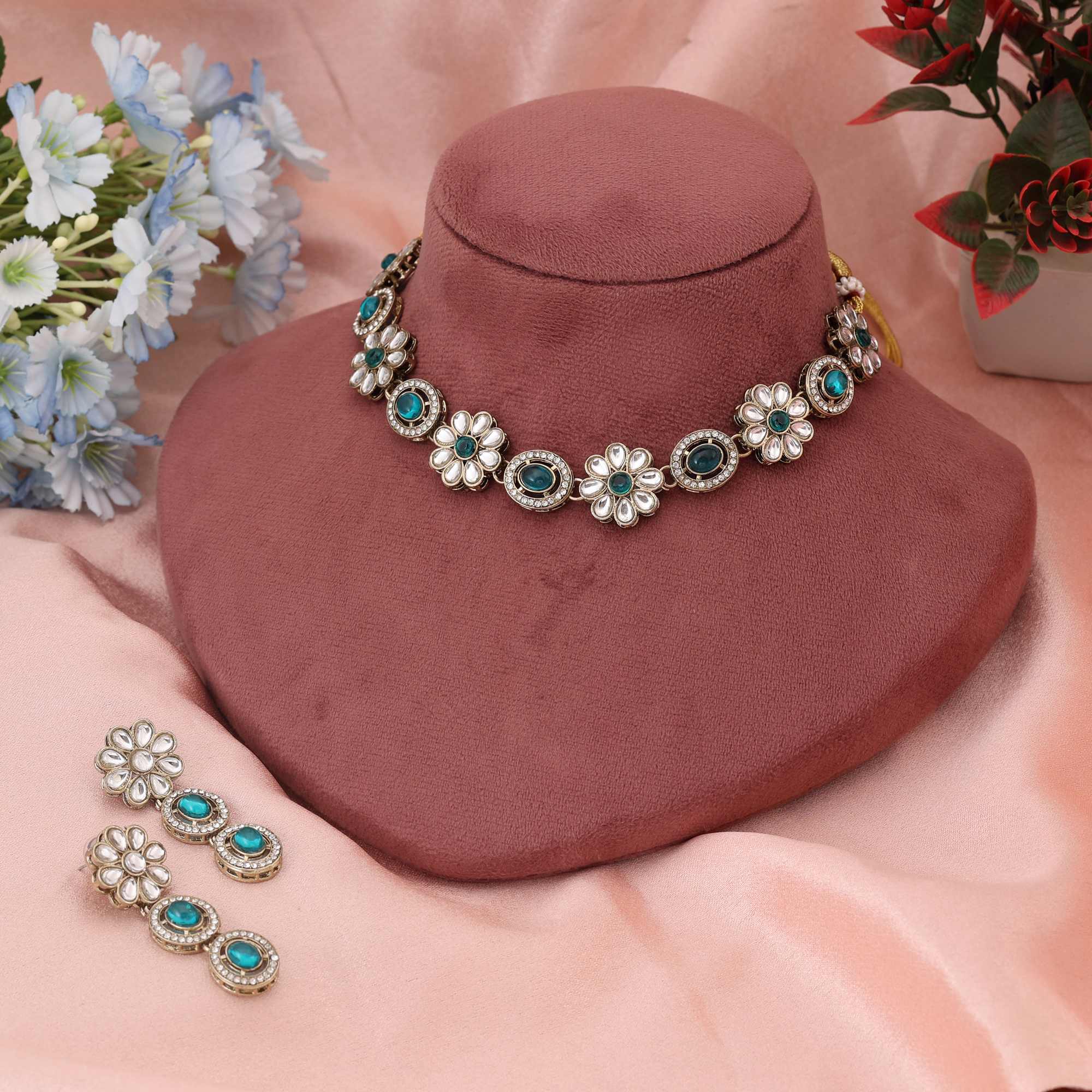 Kundan Halskette mit Ohrringe - gold | grün