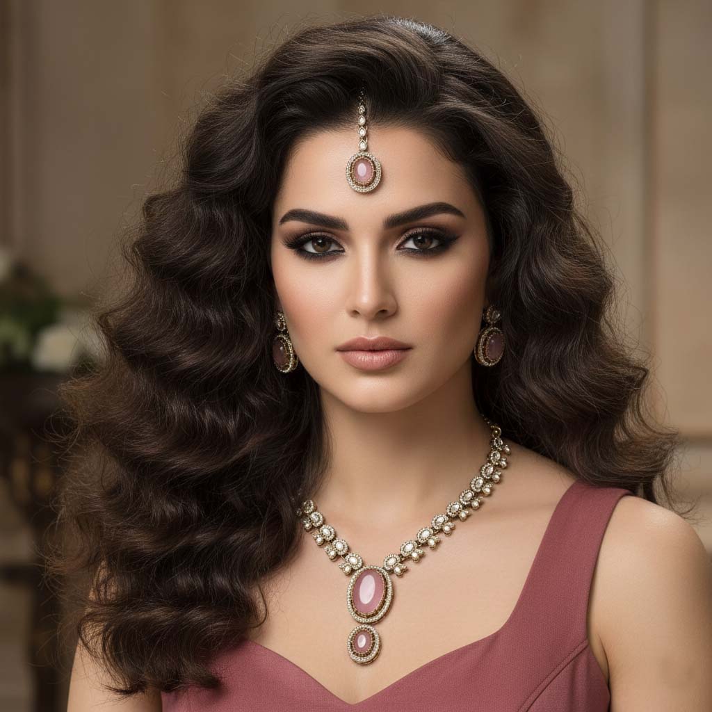 Kundan Halskette mit Ohrringe & Tikka - gold | Rosa