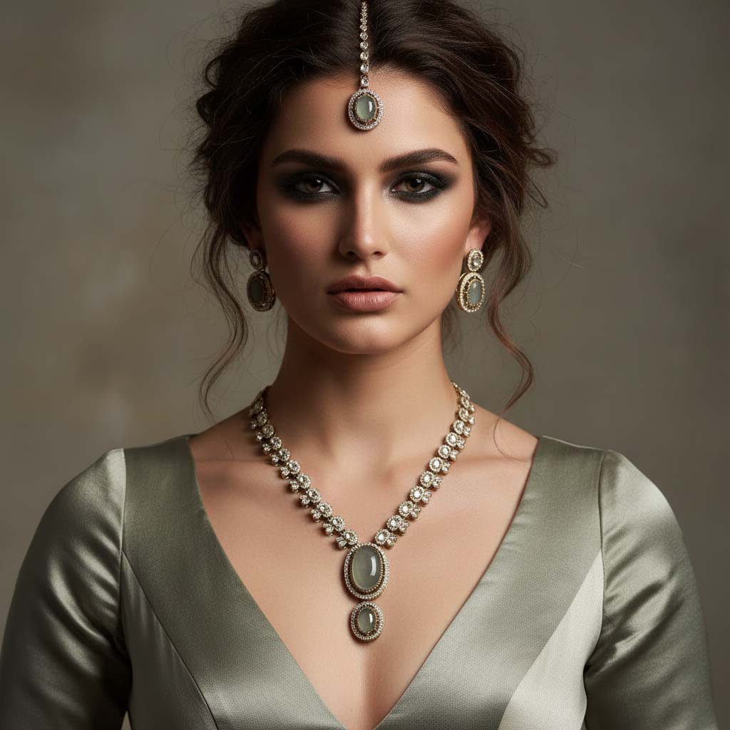 Kundan Halskette mit Ohrringe & Tikka - gold | grün