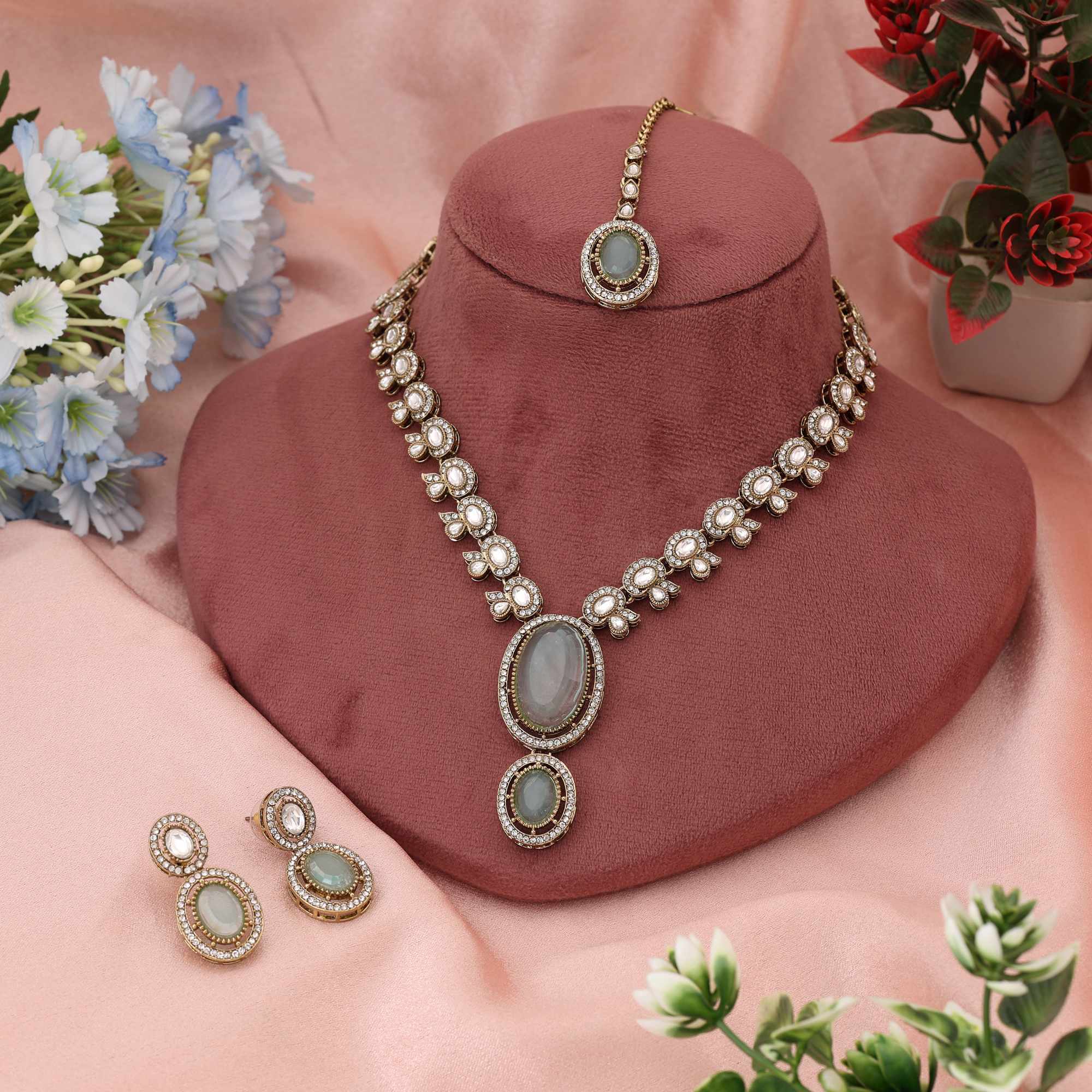 Kundan Halskette mit Ohrringe & Tikka - gold | blau