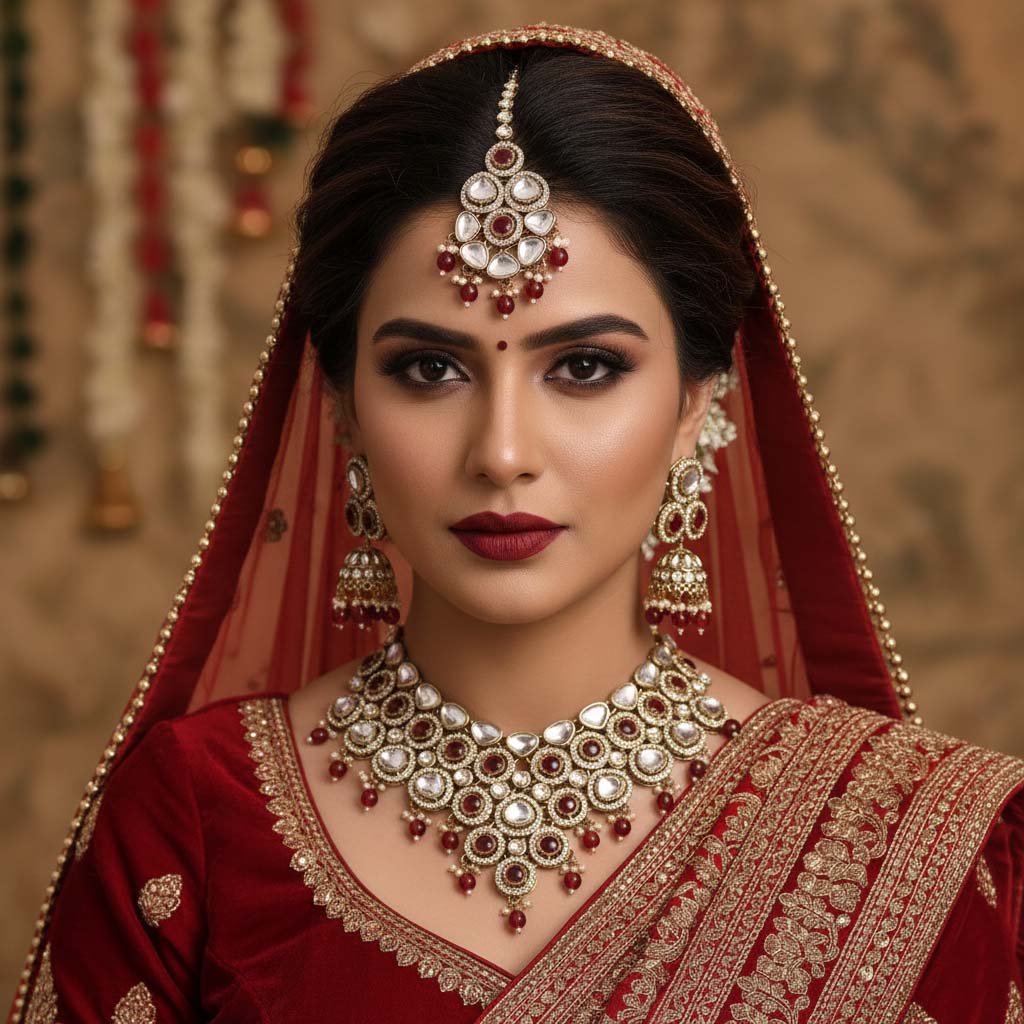 Kundan Halskette mit Ohrringe & Tikka - gold |  maroon