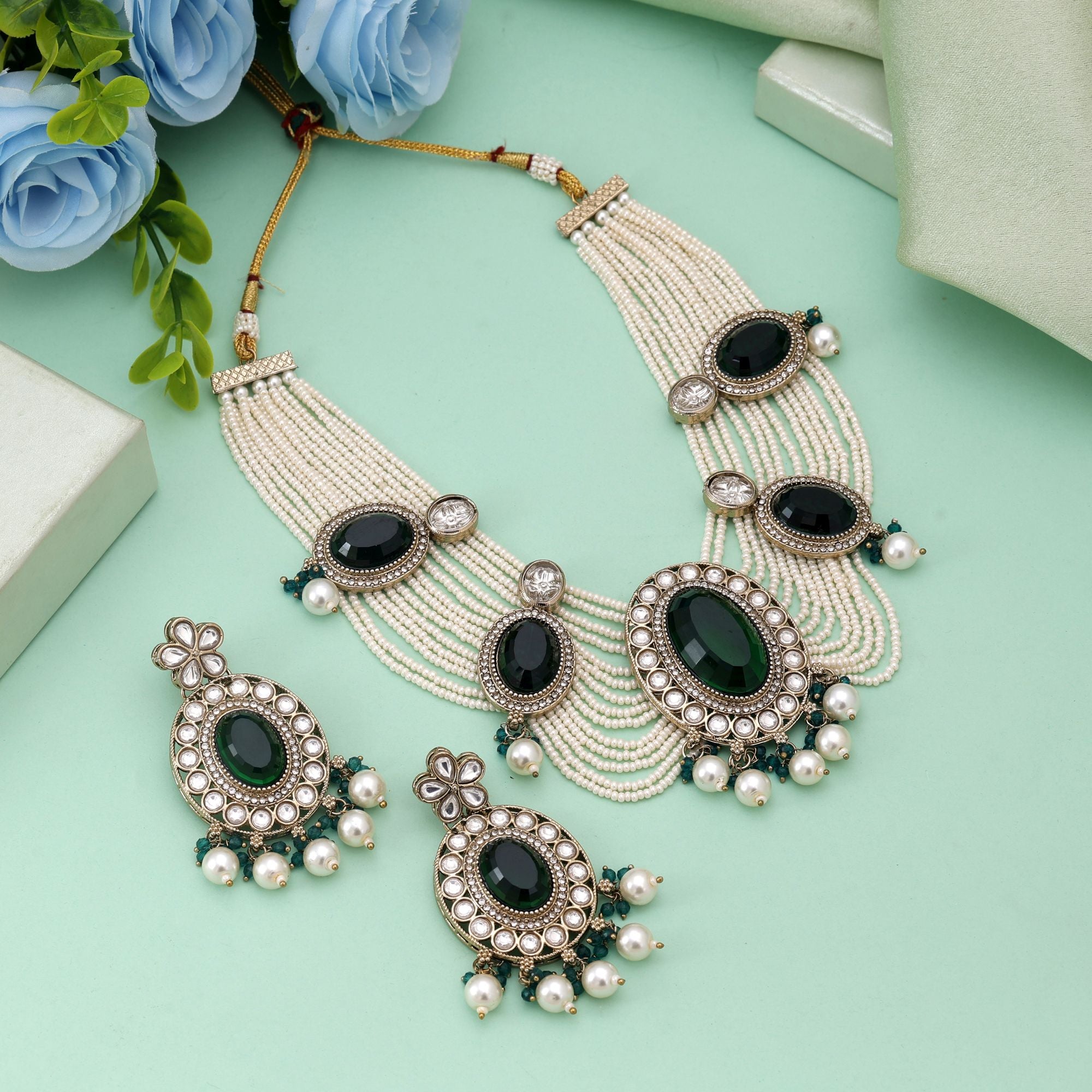 Kundan Halskette mit Ohrringe  - gold |  grün