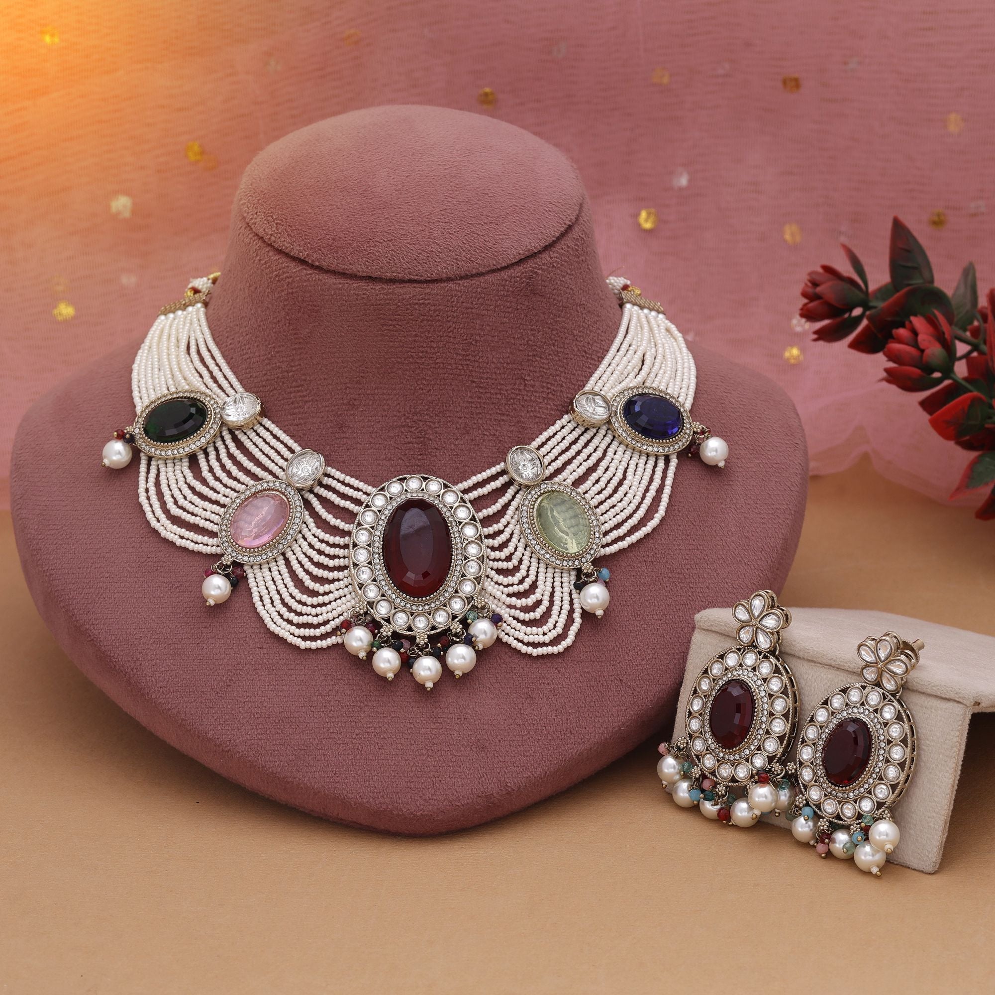 Kundan Halskette mit Ohrringe  - gold |  multicolor