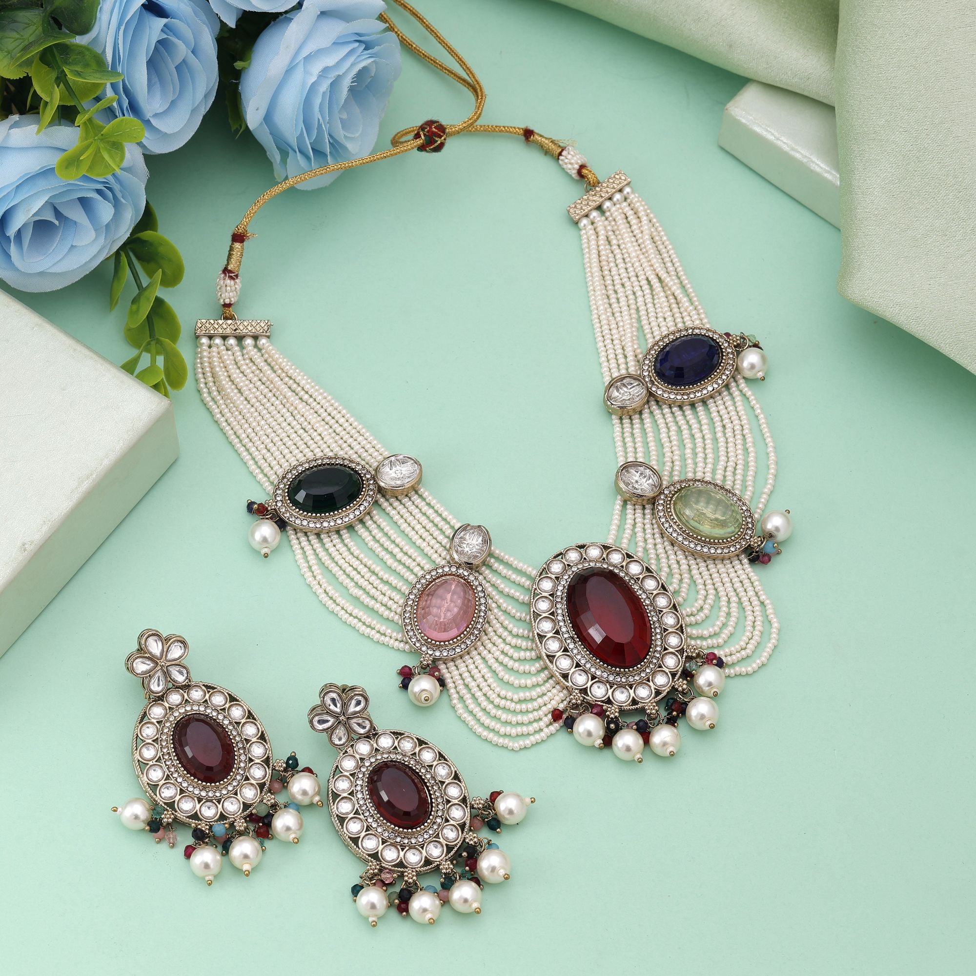 Kundan Halskette mit Ohrringe  - gold |  multicolor