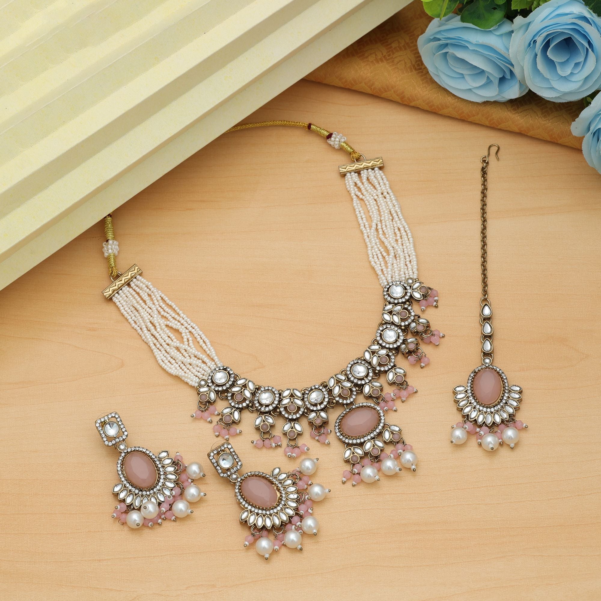 Kundan Halskette mit Ohrringe & Tikka - gold | rosa