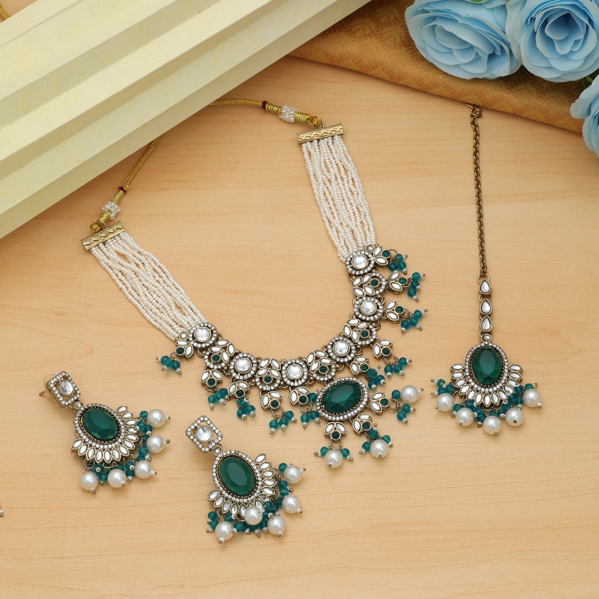 Kundan Halskette mit Ohrringe & Tikka - gold | turkis
