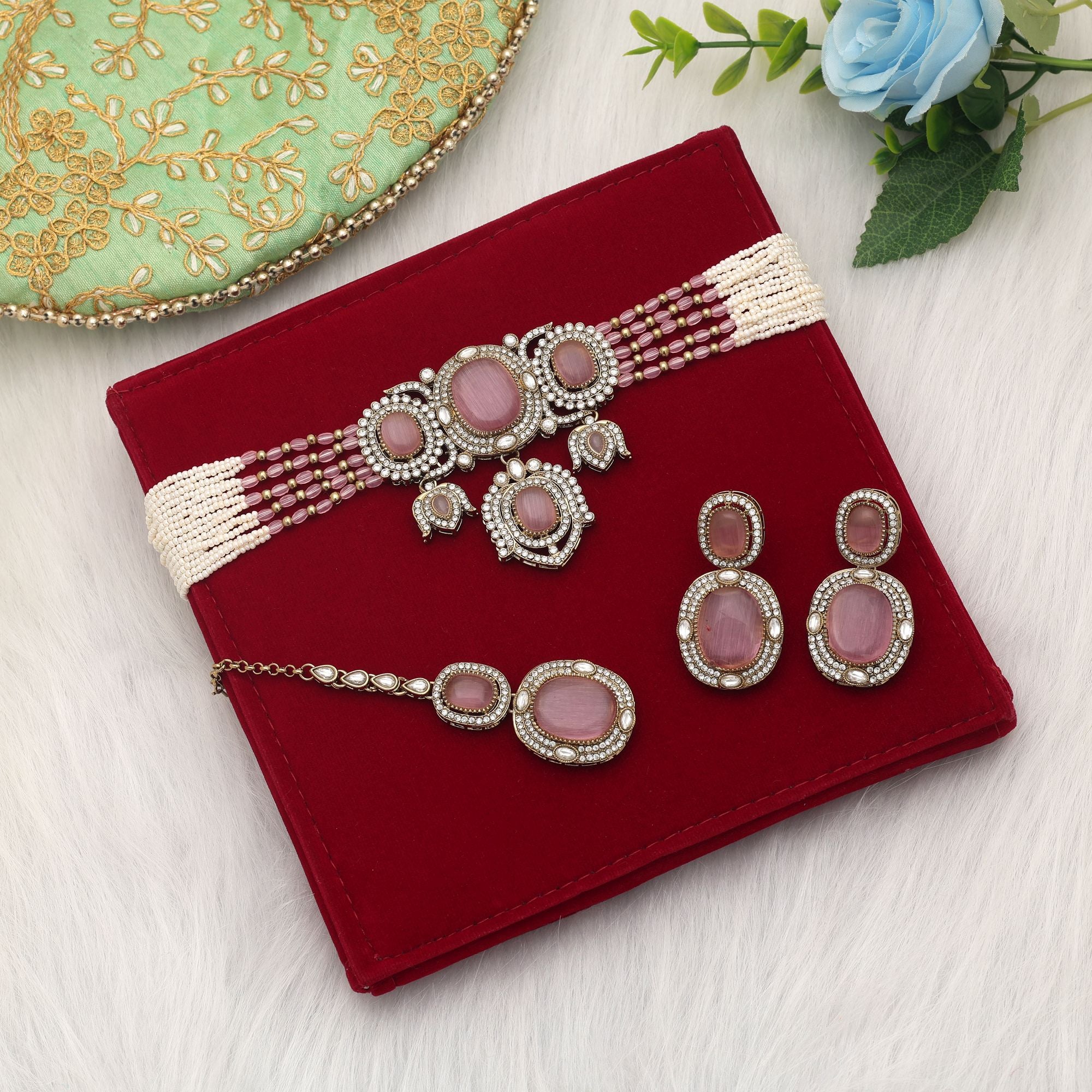 Kundan Halskette mit Ohrringe & Tikka - gold | rosa