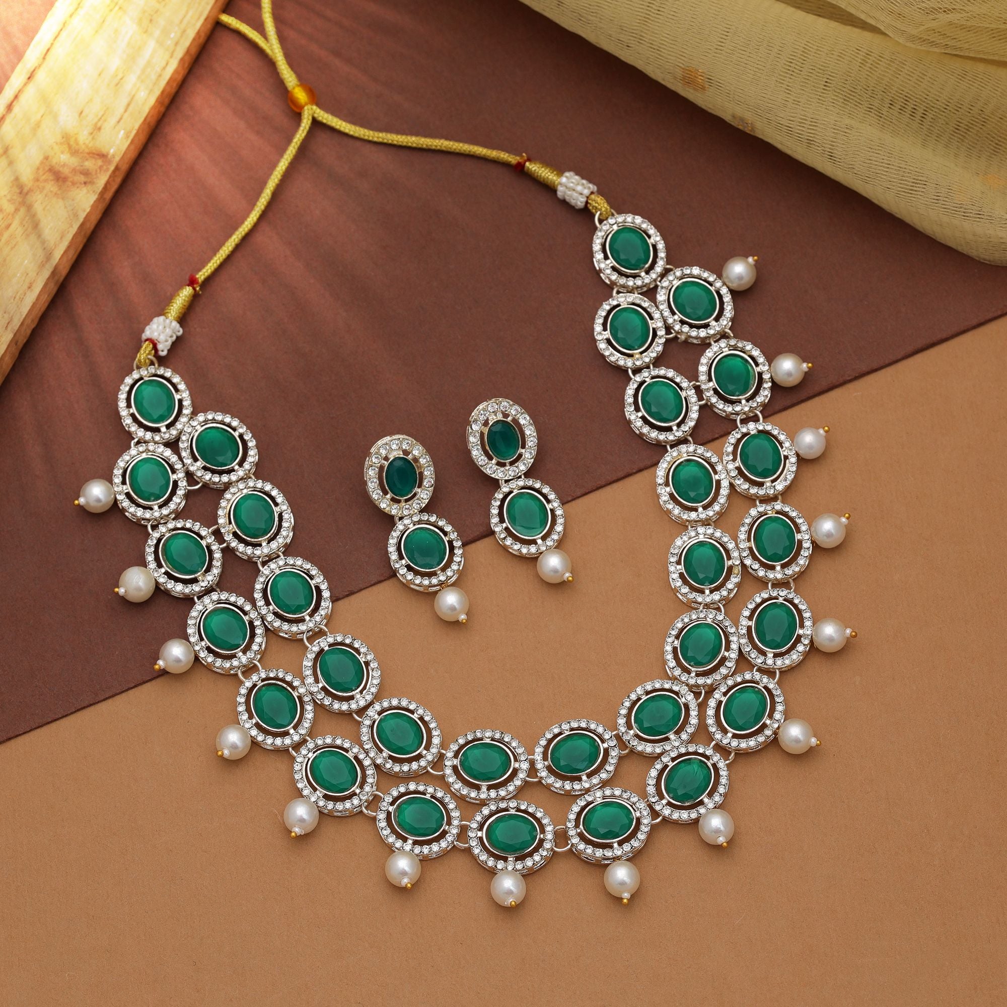 Kundan Necklace with Earrings &amp; Tikka - gold | white