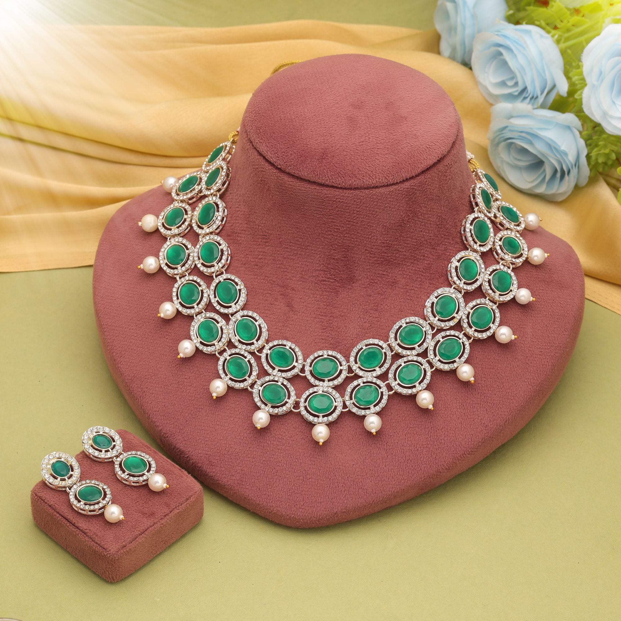 Kundan Necklace with Earrings &amp; Tikka - gold | white