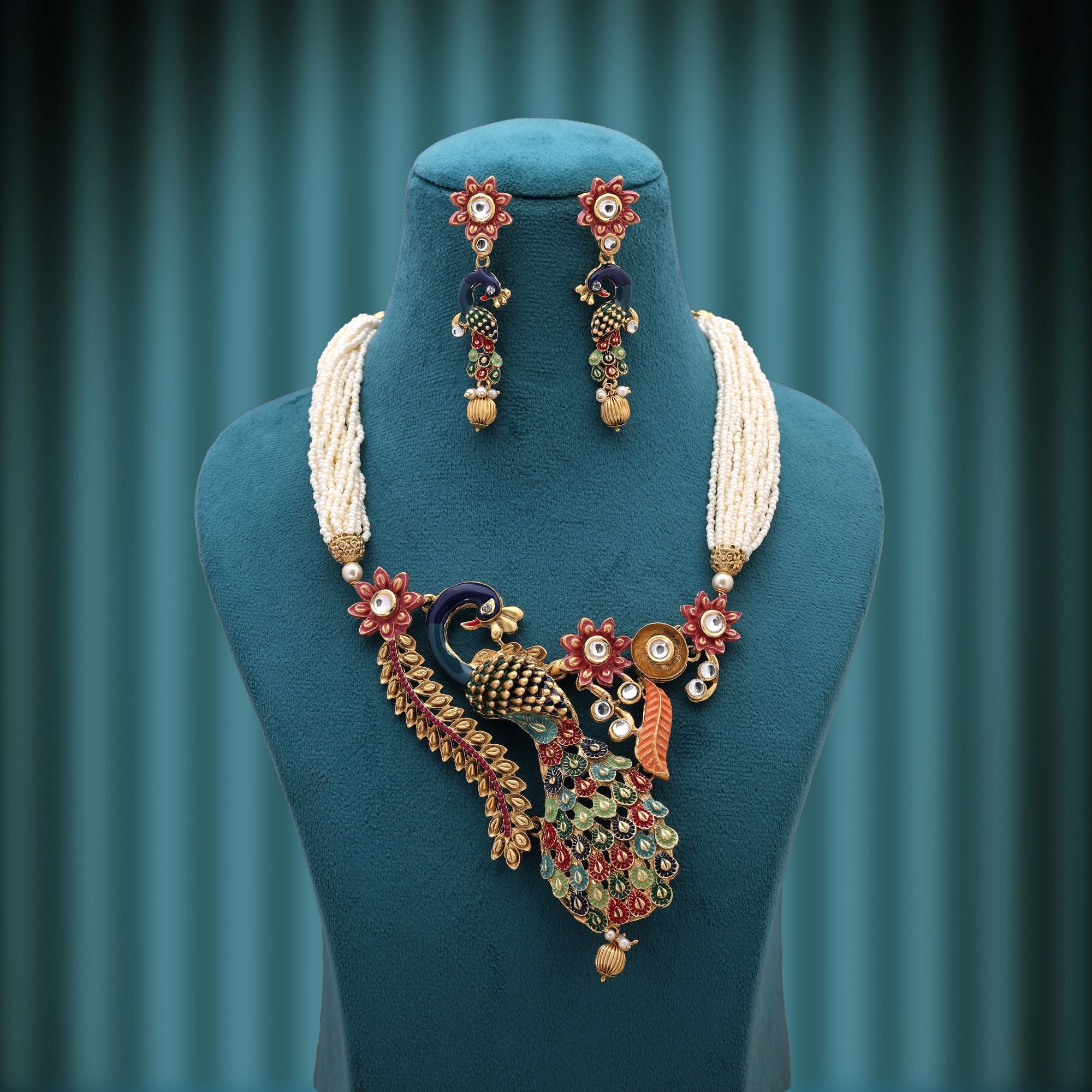 Kundan Necklace with Earrings &amp; Tikka - gold | white