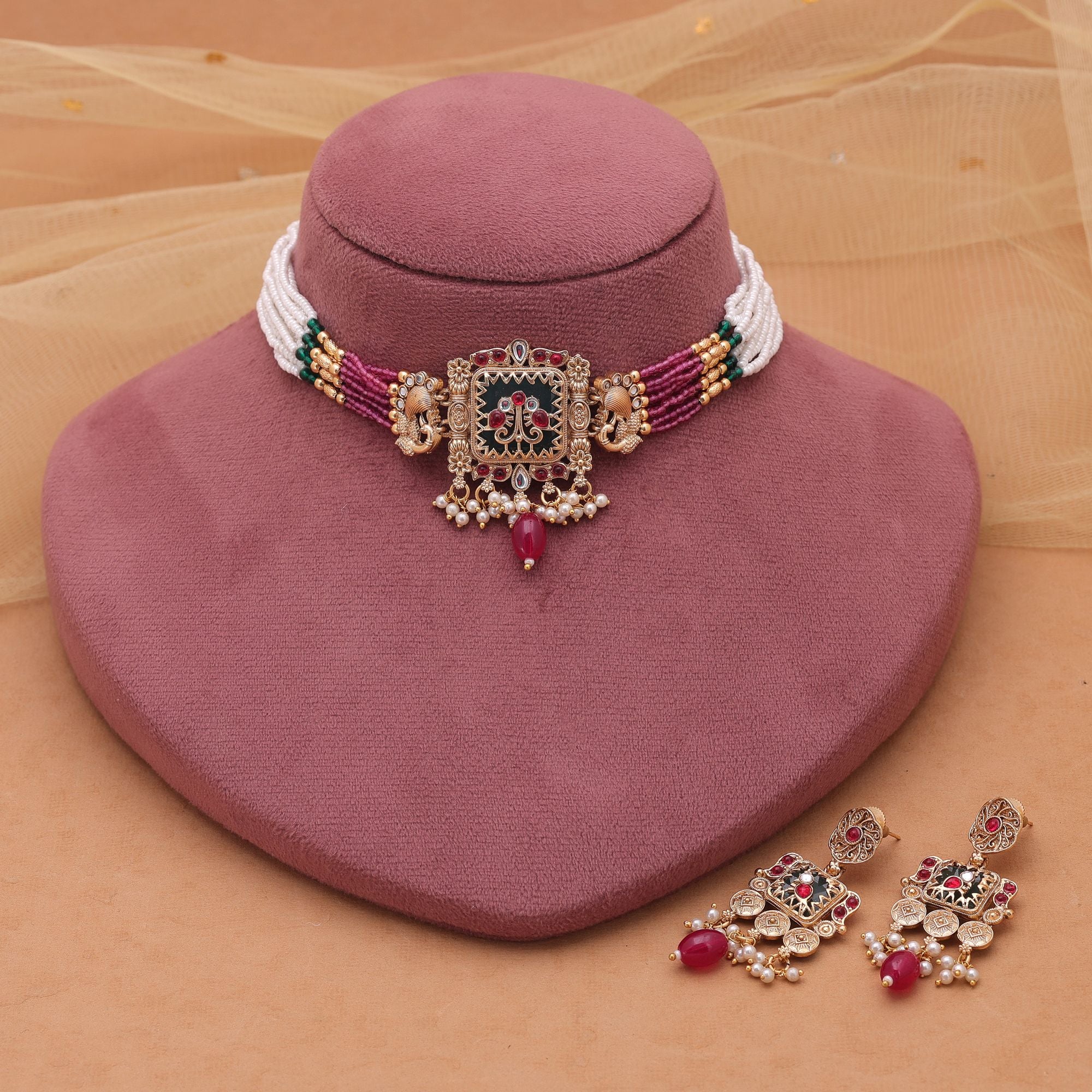 Tempel Halskette ( Choker)  mit Ohrringe - matt Gold