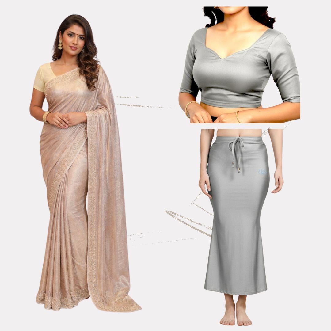 Alles-in-einem Saree Set |Grau gold  – Space Silk Saree + Blouse + Shapewear