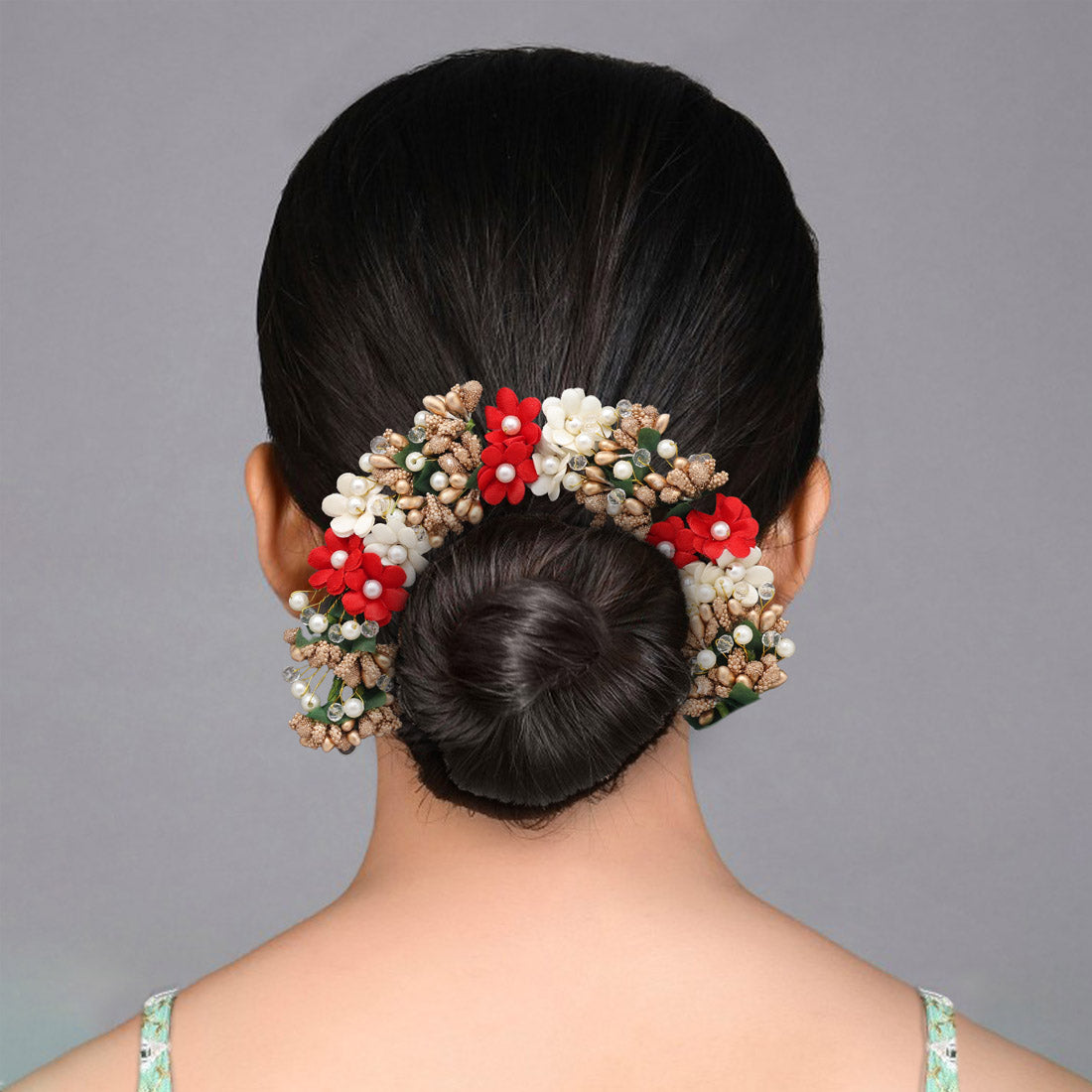 Künstliche indische Haarblumen - rot , gold