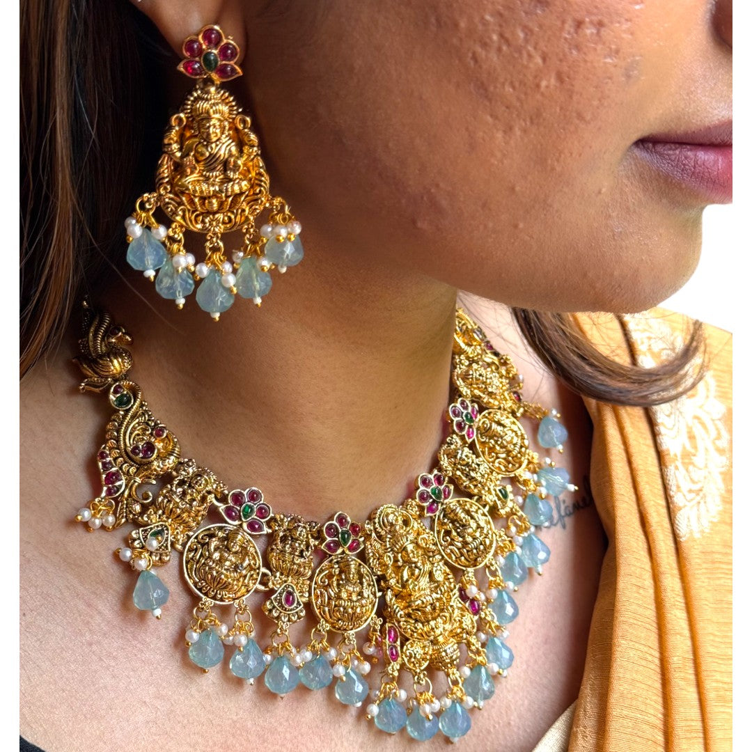 Luxmi Tempel Halskette mit Ohrringe - gold | mint