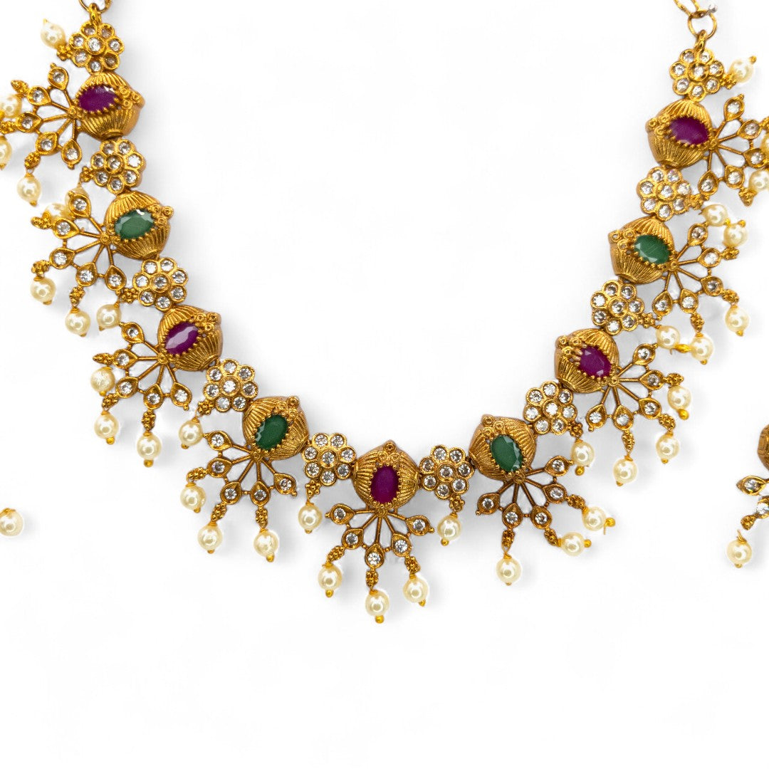 Tempel Halskette mit Ohrringe - gold