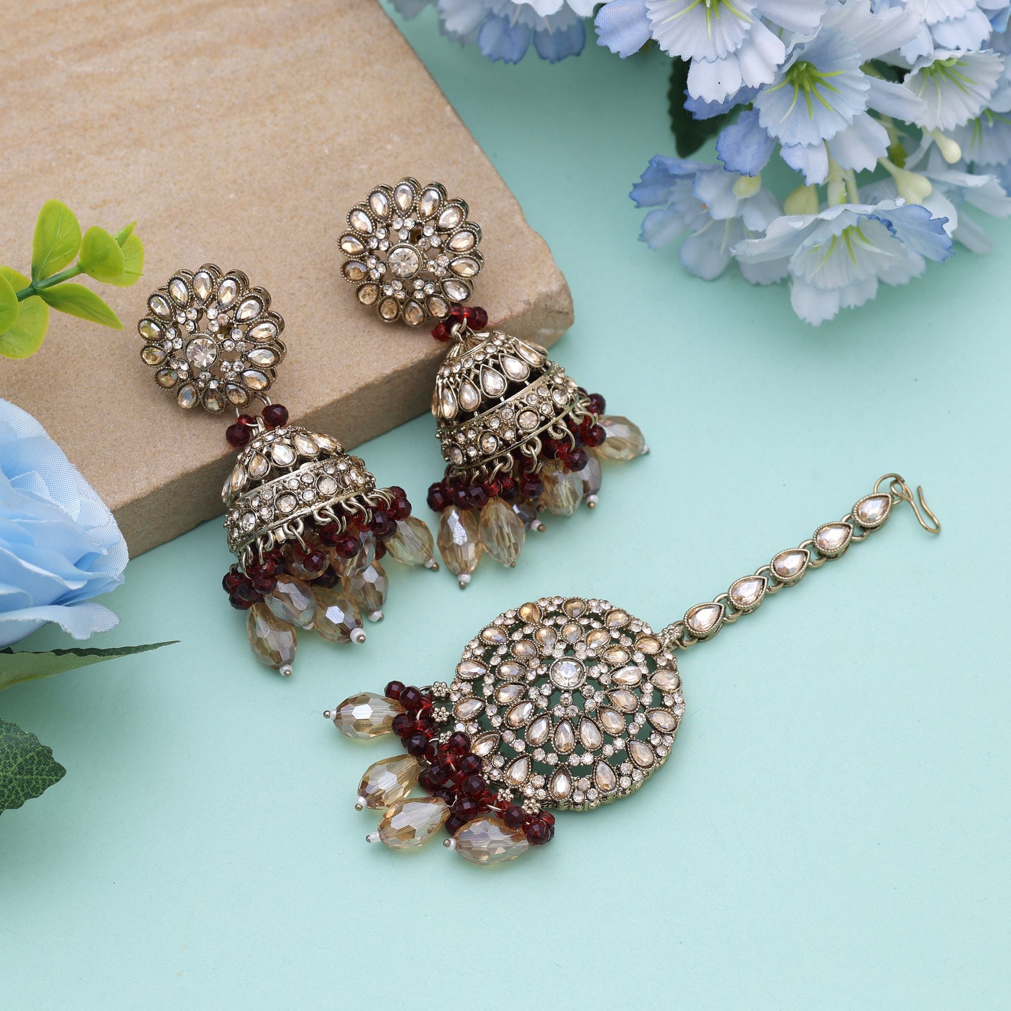 Kundan Ohrringe mit Tikka -  gold - maroon