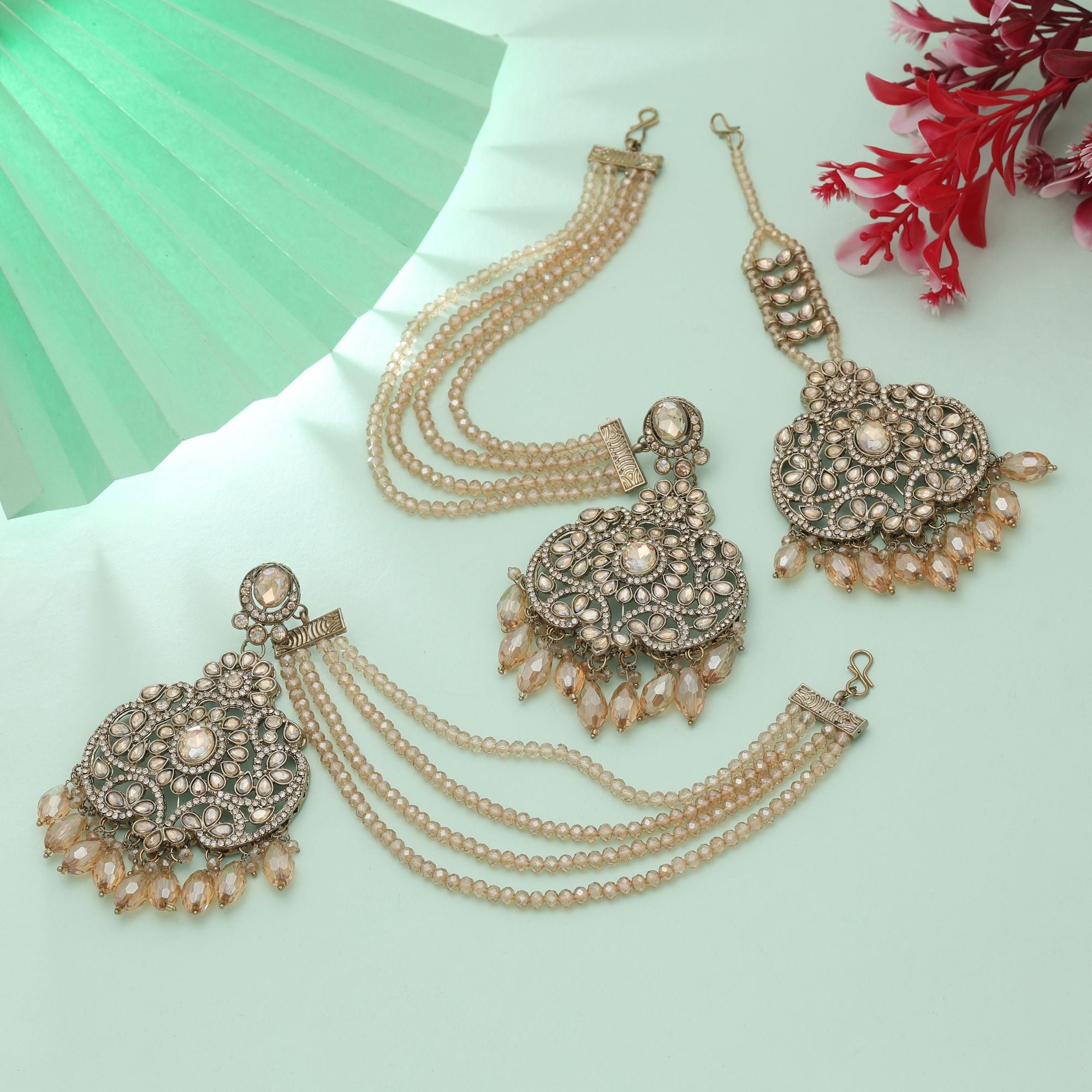 Kundan Earrings with Tikka - Jumkha | gold | red