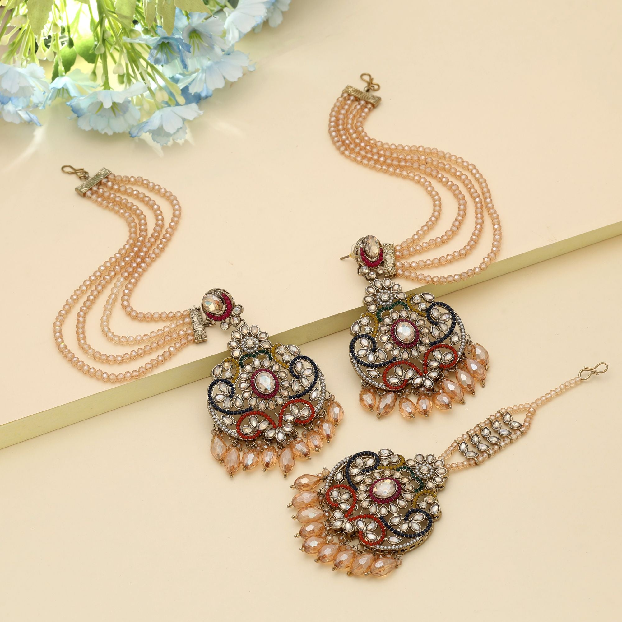 Kundan Earrings with Tikka - Jumkha | gold | red