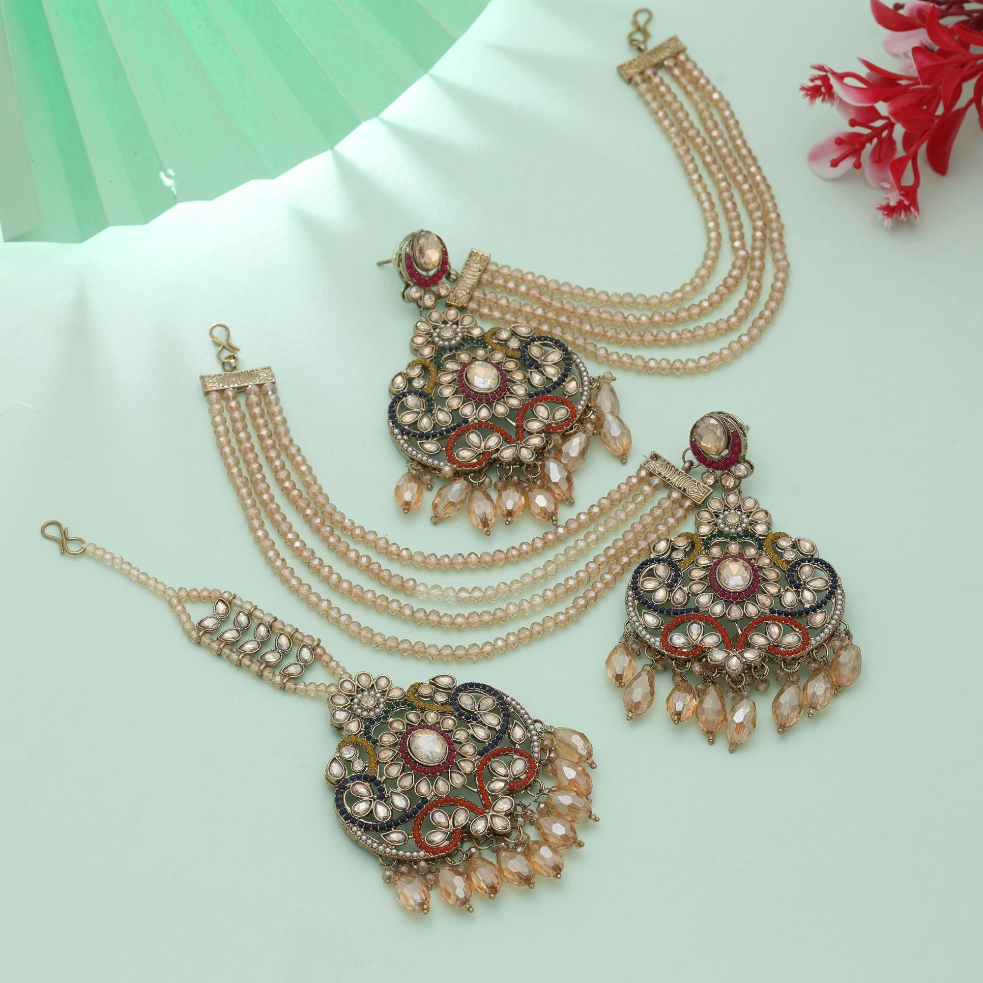 Kundan Earrings with Tikka - Jumkha | gold | red