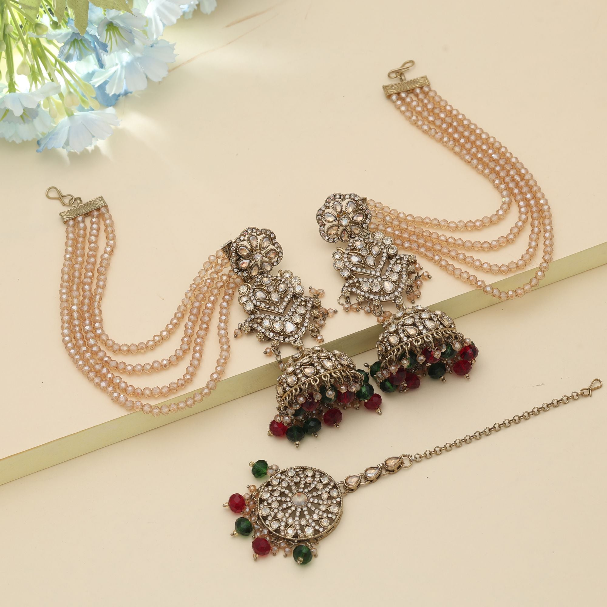 Kundan Earrings with Tikka - Jumkha | gold | red