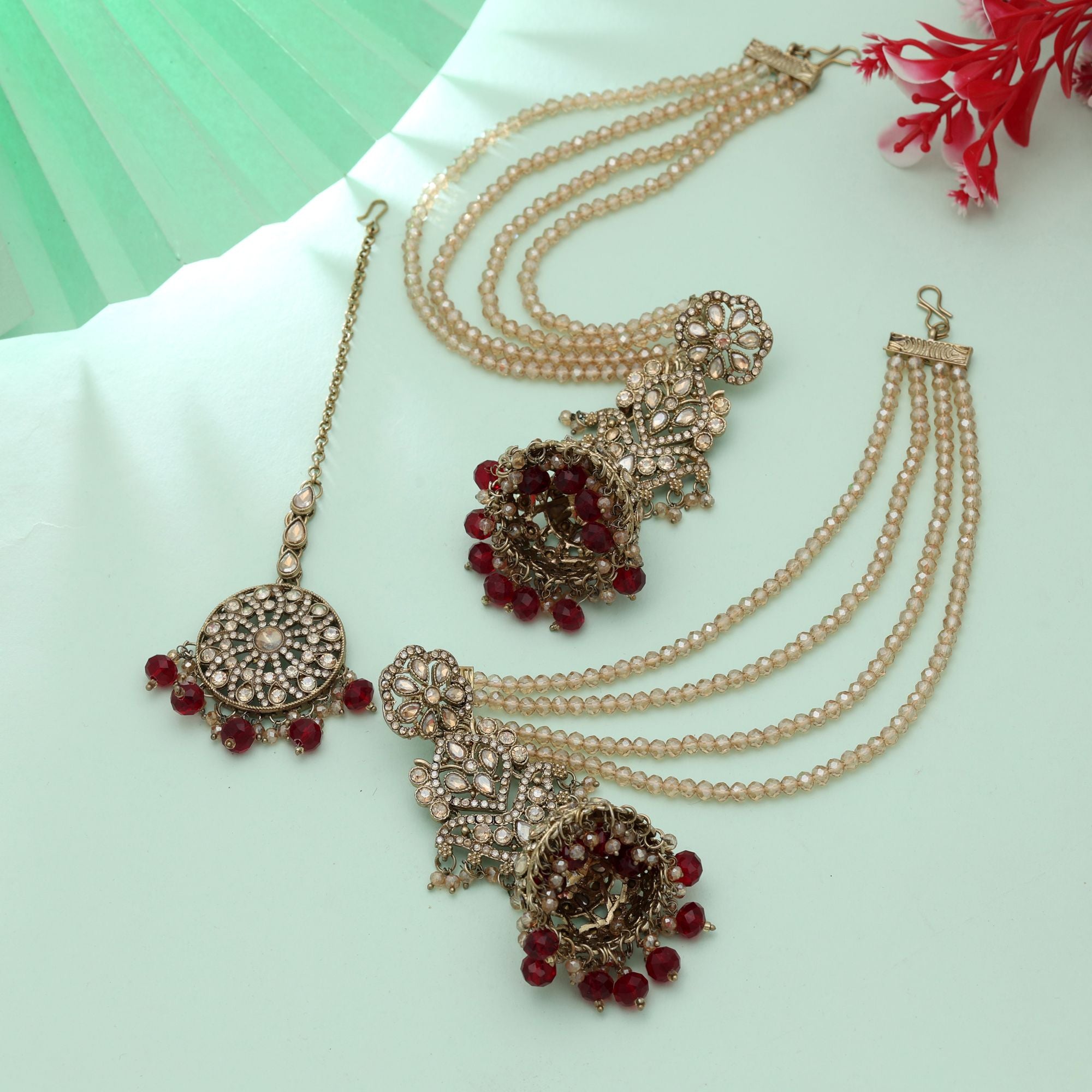 Kundan Earrings with Tikka - Jumkha | gold | red