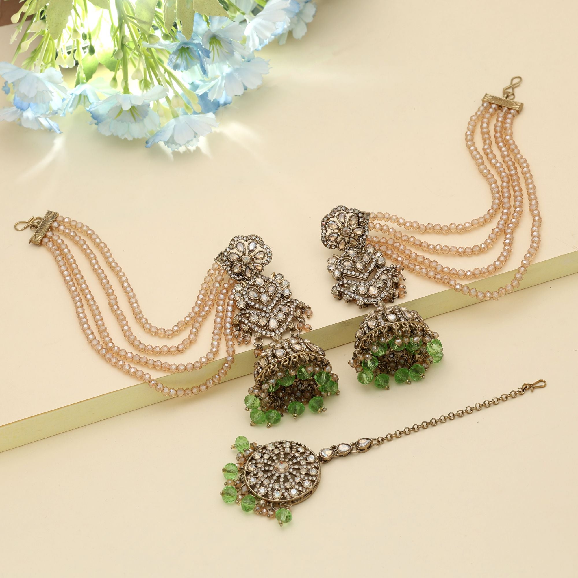Kundan Earrings with Tikka - Jumkha | gold | red