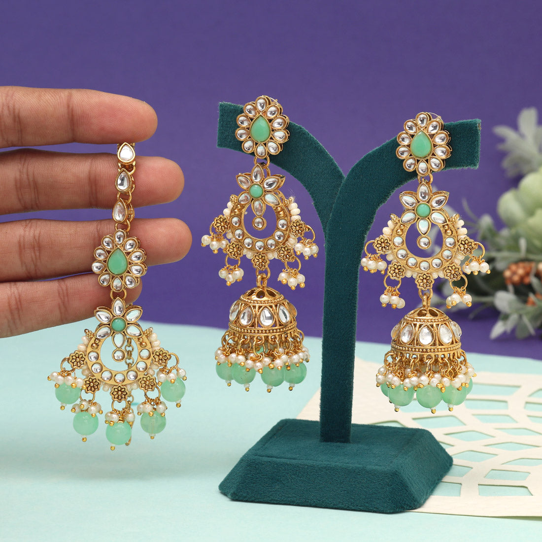 Kundan Ohrringe mit Tikka - Jumkha | gold | mint