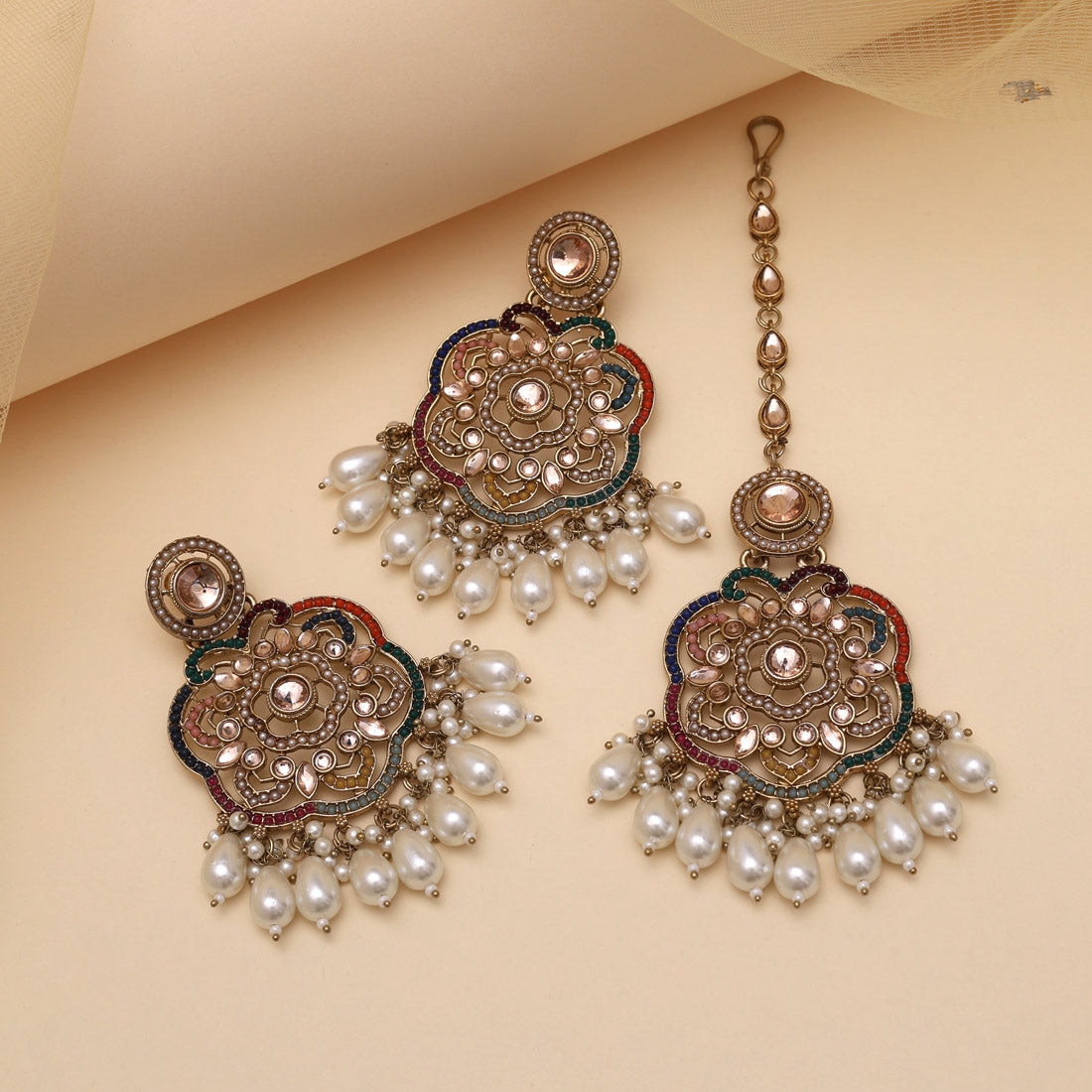 Kundan Ohrringe mit Tikka - Jumkha | gold | multicolor