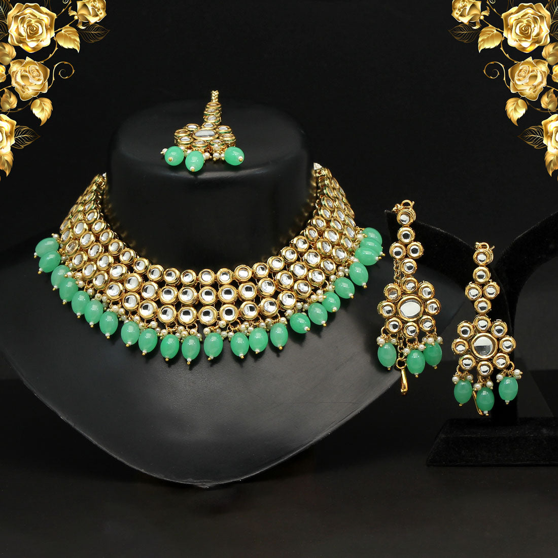 Kundan Halskette mit Ohrringe & Tikka - gold | mint