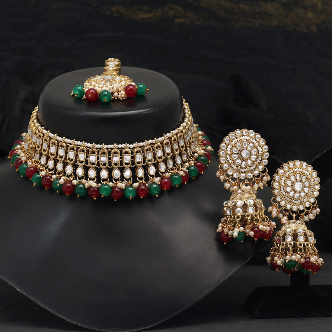 Kundan Necklace with Earrings &amp; Tikka - gold | white