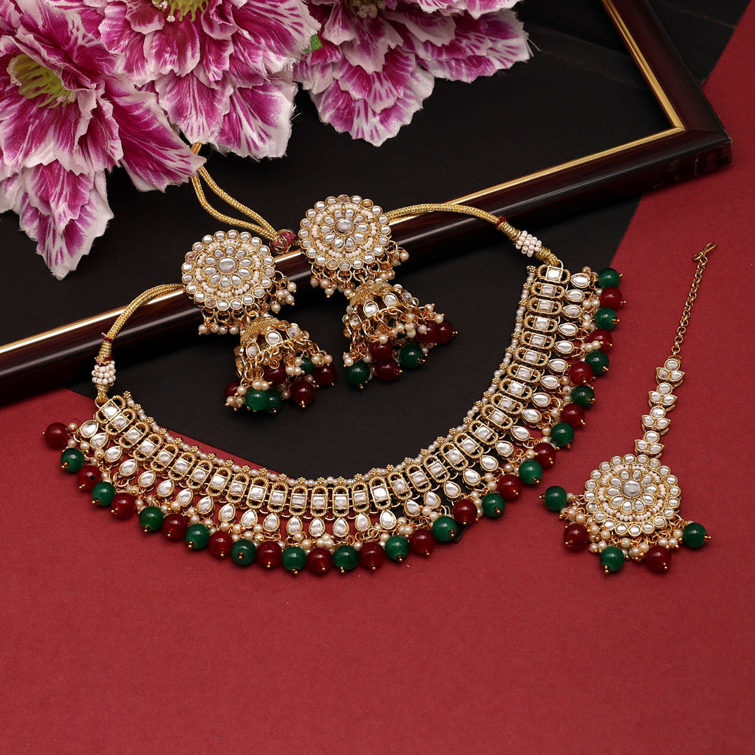 Kundan Necklace with Earrings &amp; Tikka - gold | white
