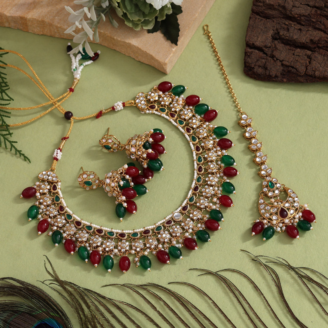 Kundan Necklace with Earrings &amp; Tikka - gold | Red