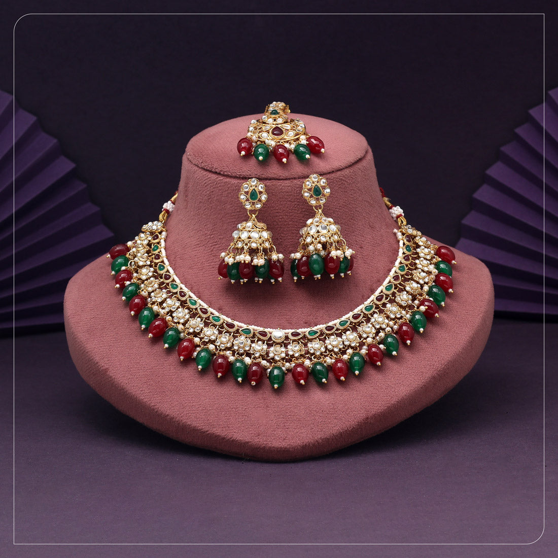 Kundan Necklace with Earrings &amp; Tikka - gold | Red