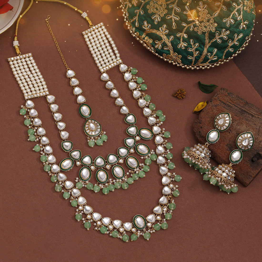 Kundan Long necklace with earrings &amp; Tikka - gold | Green | Pearls - Long
